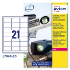 Etichette adesive L7060 - permanenti - per stampanti laser - 63,5 x 38,1 mm - 21 et/fg - 20 fogli A4 - poliestere - bianco - Avery
