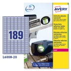 Etichette adesive L6008 - permanenti - per stampanti laser - 24,5 x 10 mm - 189 et/fg - 20 fogli A4 - poliestere - argento - Avery