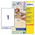 Etichetta adesiva L4735REV - rimovibile - 210x297 mm - 1 etichetta per foglio - bianco - Avery - conf. 25 fogli A4