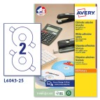 Etichetta adesiva L6043 per CD/DVD - permanente - diametro CD 117 mm - foro 41 mm - 2 etichette per foglio - bianco - Avery - conf. 25 fogli A4