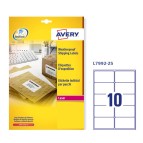 Etichette adesive L7992 - permanenti - per stampanti laser - impermeabili - 99,1 x 57 mm - 10 et/fg - 25 fogli A4 - poliestere - bianco - Avery