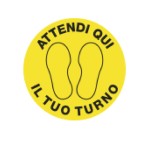 Bollo adesivo da terra - PVC - D 43,5 cm - ''Attendi qui il tuo turno'' - Cartelli Segnalatori