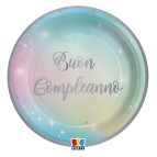 Piatto Soft Rainbow - Buon Compleanno - diametro 24 cm - carta - Big Party - conf. 8 pezzi